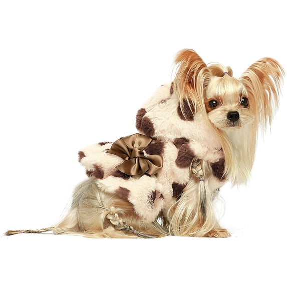 Fitwarm Fluffy Faux Fur Polka Dot Dog Dresses with Bowknot Doggie Dot Dress Button Girl Dog Coats Pet Jackets Cat Winter Clothes Hoodie Sweatshirt Brown Medium