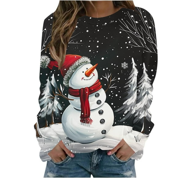 lcziwo Christmas Sweatshirts for Women Cute Funny Snowman Graphic Shirt Crewneck Long Sleeve Holiday Pullover Sweatshirts Red,L
