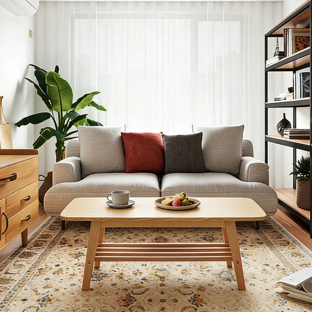 39 Inch Solid Wood Coffee Table, Double-Layer Storage Center Table, Modern Wooden Accent Table for Living Room Apartment Office