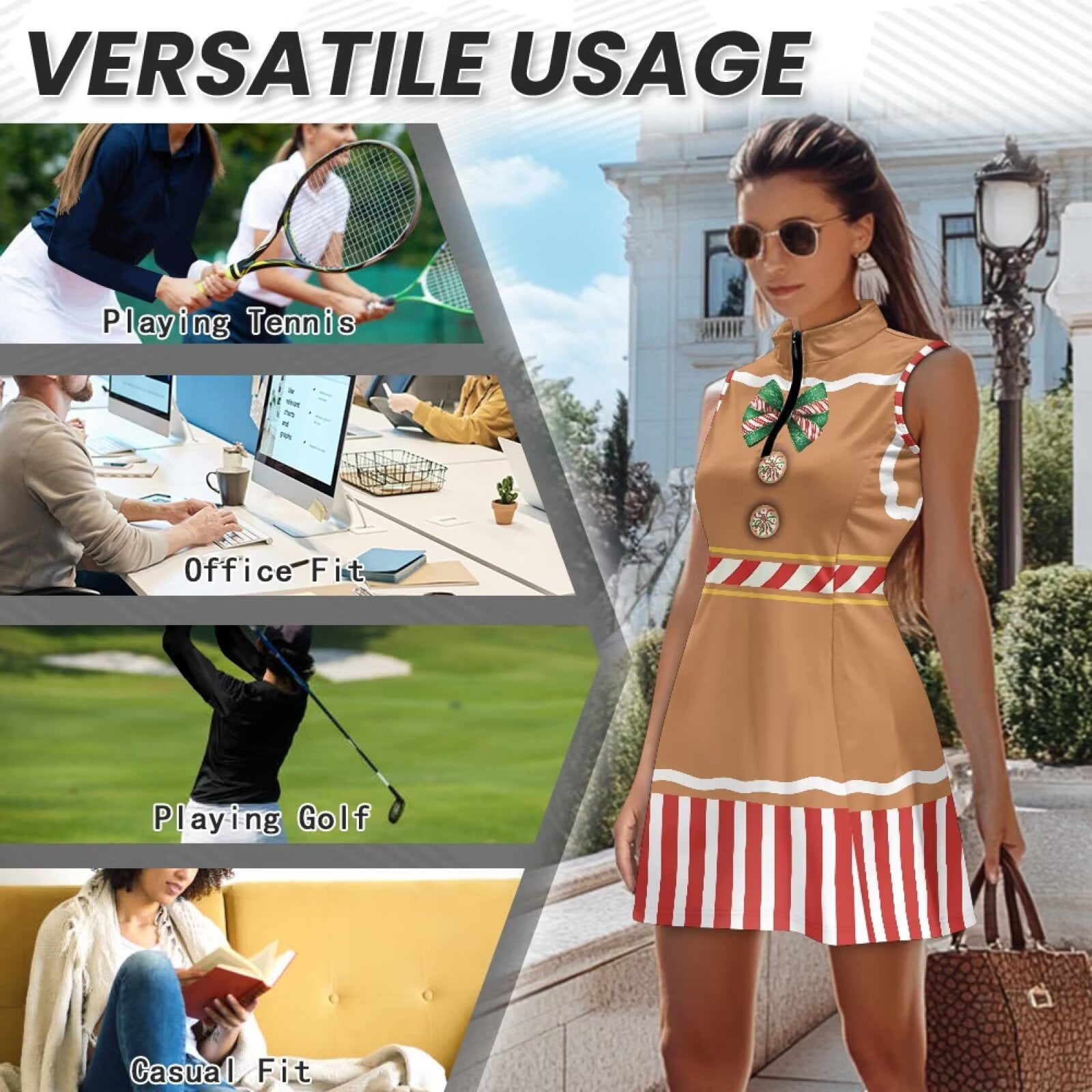 Yuyamidu Brown Christmas Golf Dress Built in Shorts Xmas Tennis Tank Dresses Stretchy Womens Golf Outfit Sleeveless Active Dress Size XS
