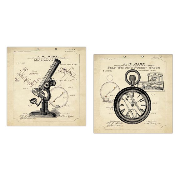 Popular Old-Fashioned Microscope and Self Winding Pocket Watch Print Set by Tre Sorelle Studios; Two 12x12in Paper Posters