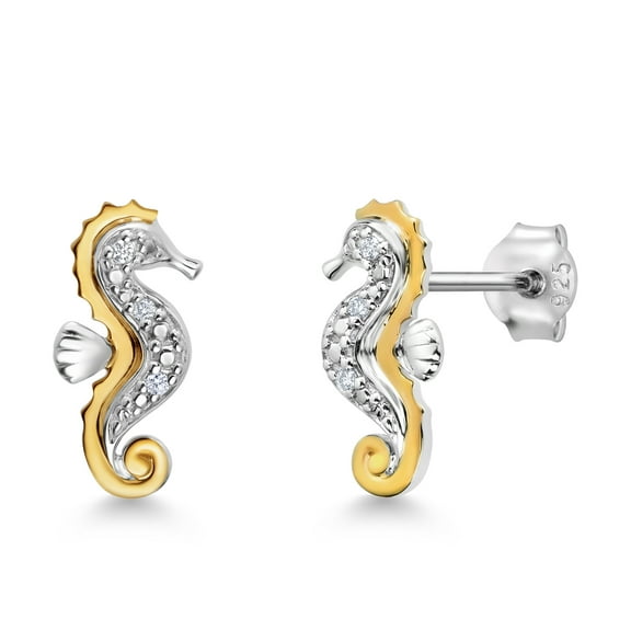 Gem Stone King White Lab Grown Diamond Seahorse Stud Earrings for Women | 925 Sterling Silver and 10K Yellow Gold | Fine Jewelry Gifts for Her Mom Women Wife