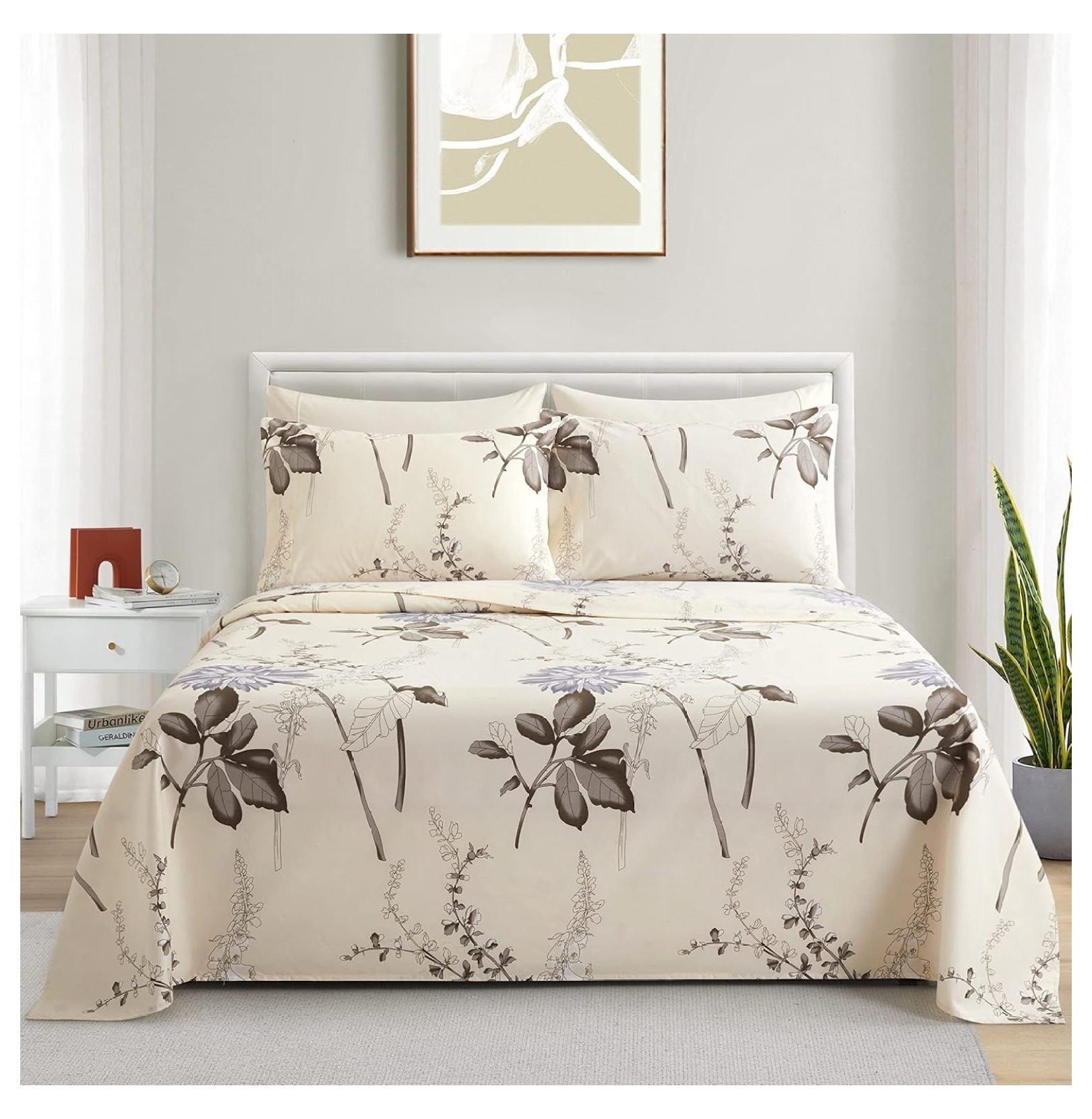 Ultra Soft Silky Deep Pocket Rich Printed Bedding Rayon Derived from Bamboo All Season 6 Pieces Sheet Set with 4 Pillowcases, Blue Chrysanthemum Floral Pattern Queen Size