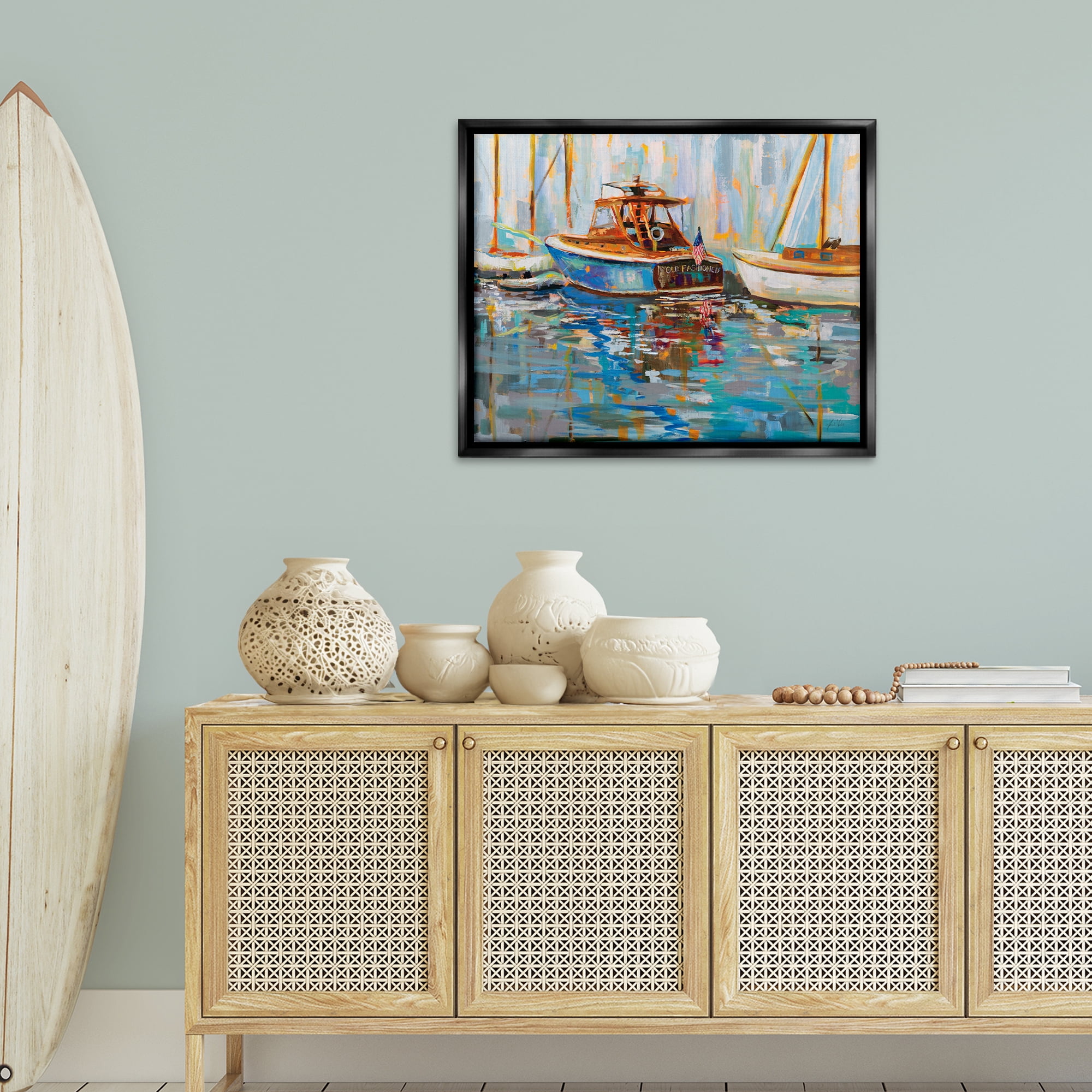 Stupell Industries Old Fashioned Boat Harbor Nautical & Beach Painting Black Floater Framed Canvas Art Print Wall Art, 31 x 25