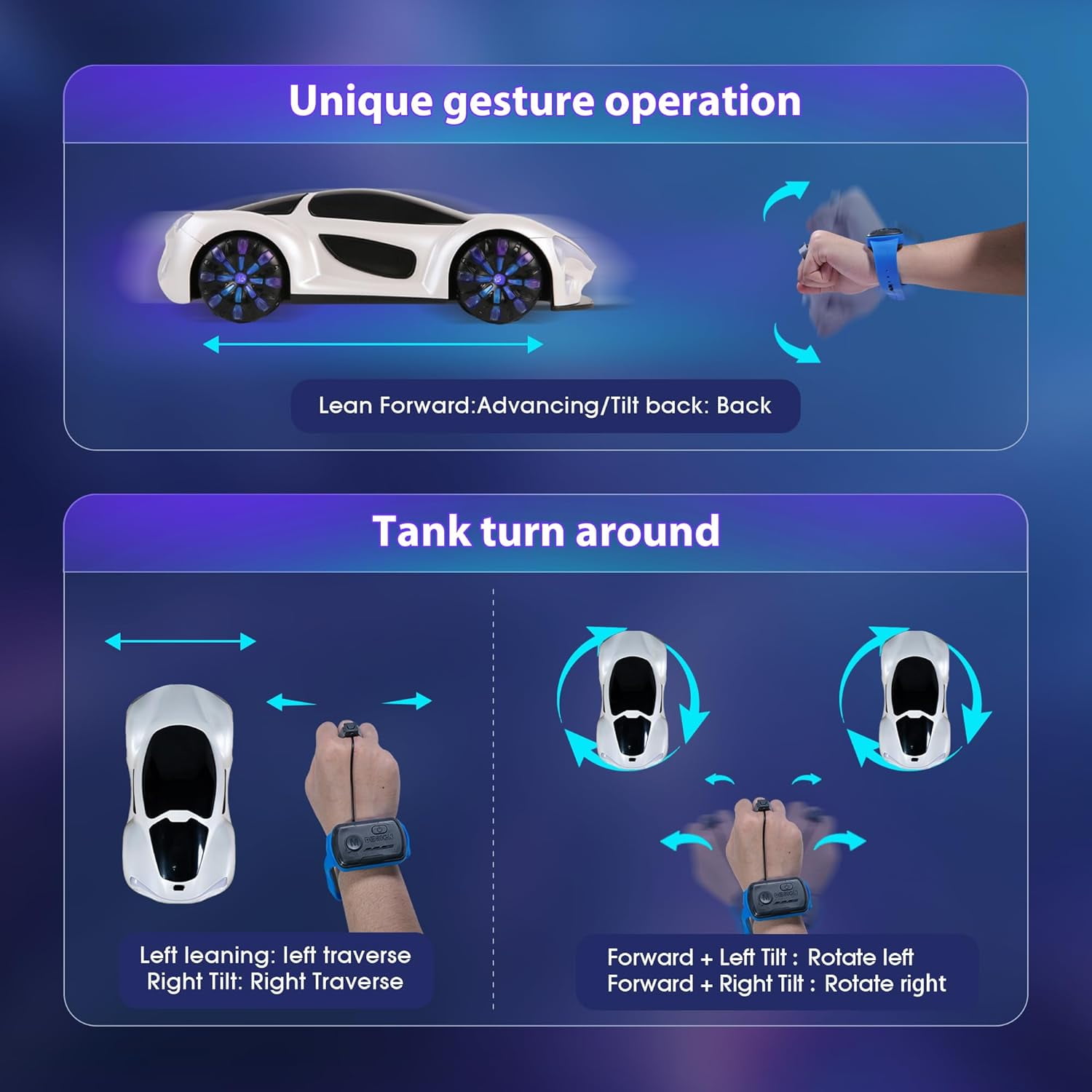 Funtogether Toys RC Drift Car with Gesture Sensor, 360° Spin Stunt Car with Spray, Lights & Music, Type-C Charging, Remote Control Toy Gift for Boys Ages 6–12