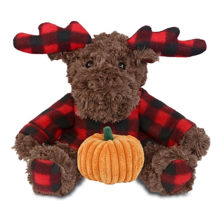 DolliBu Super Soft Plaid Curly Moose with Hoodie Stuffed Animal with Pumpkin Decor - Pumpkin Plush Animal for Fall Halloween and Thanksgiving Pumpkin Toy for Baby Kids Adults - 10 Inches