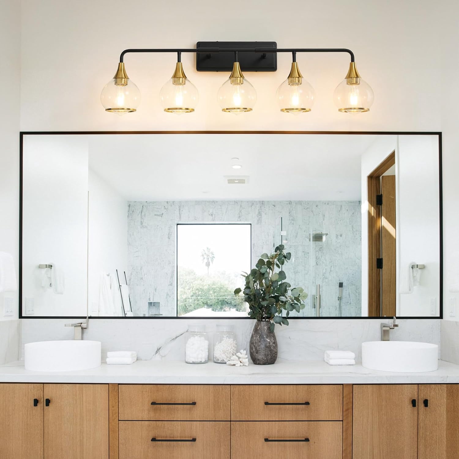 5-Lights Bathroom Light Fixtures Black and Gold Bathroom Vanity Light Over Mirror with Clear Glass Shade Wall Sconce Lighting