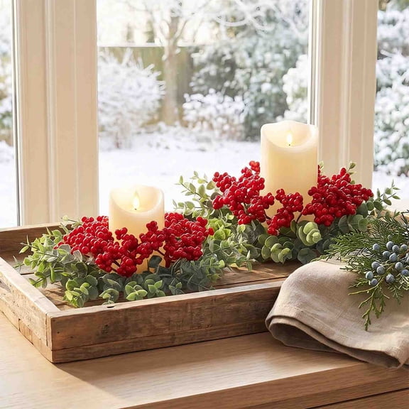 Cififendec Christmas Candle Ring Wreath, 9.84", Small Table Center Greenery Ring for Pillar Candle Tabletop Styling & Tiered Tray Seasonal Accent Decoration Layout