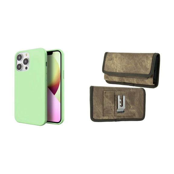 Slim Silicone Case and Belt Holster Pouch for iPhone 14 Pro Max (Mint Green/Brown)
