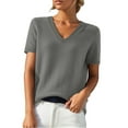 thumbnail image 3 of Baberdicy V Neck Short Sleeve Knit Tee Women's Short Sleeve T Shirts Round Neck Solid Color Loose Fit Casual Knit Tops, Grey, Xl, 3 of 10