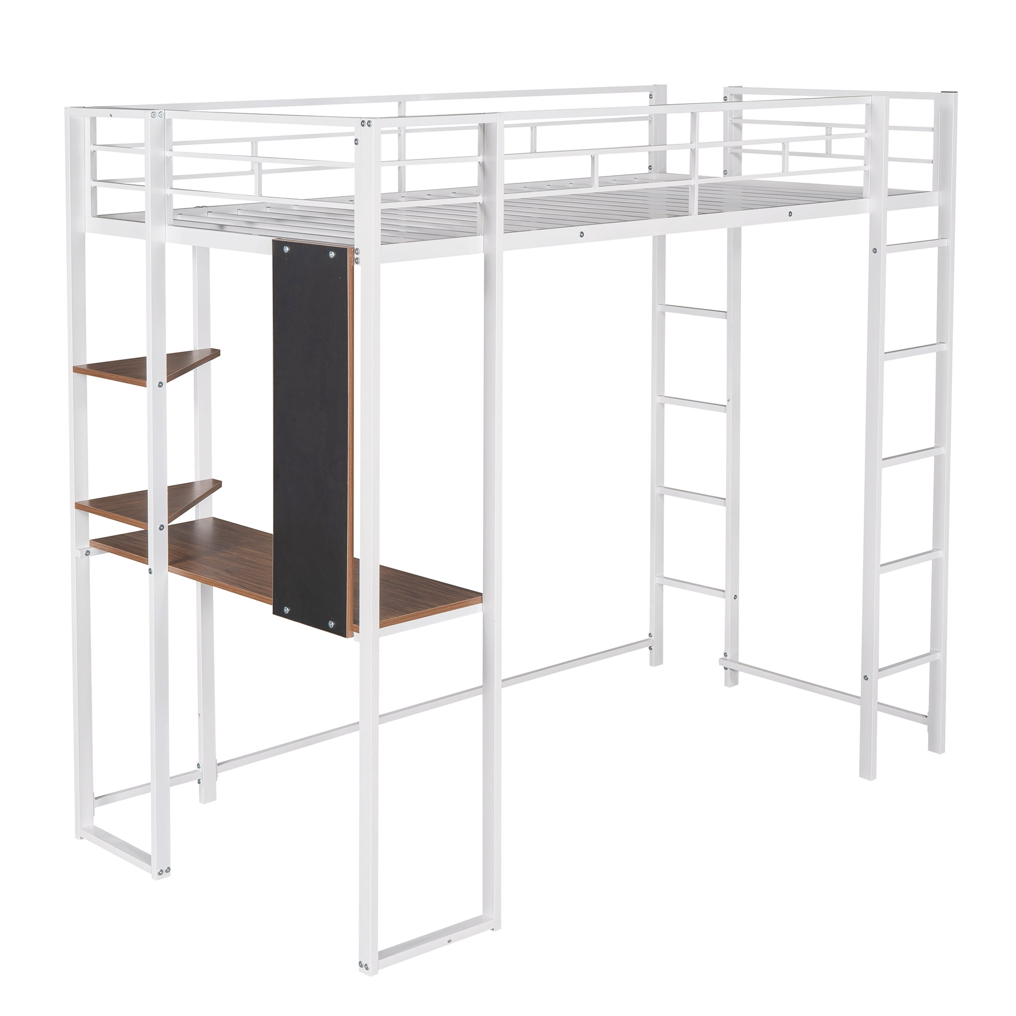 Gewnee Metal Twin Size Loft Bed with Desk, Two Shelves and Built-in 2 Ladders for Kids Teens,White