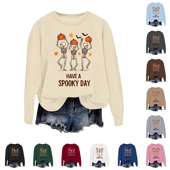 Solthread Womens Skeleton Sweatshirt Have A Spooky Day Three Dancing Skeletons Graphic Print Casual Crewneck Pullover for Autumn Outings and Halloween Night Graphic Tops