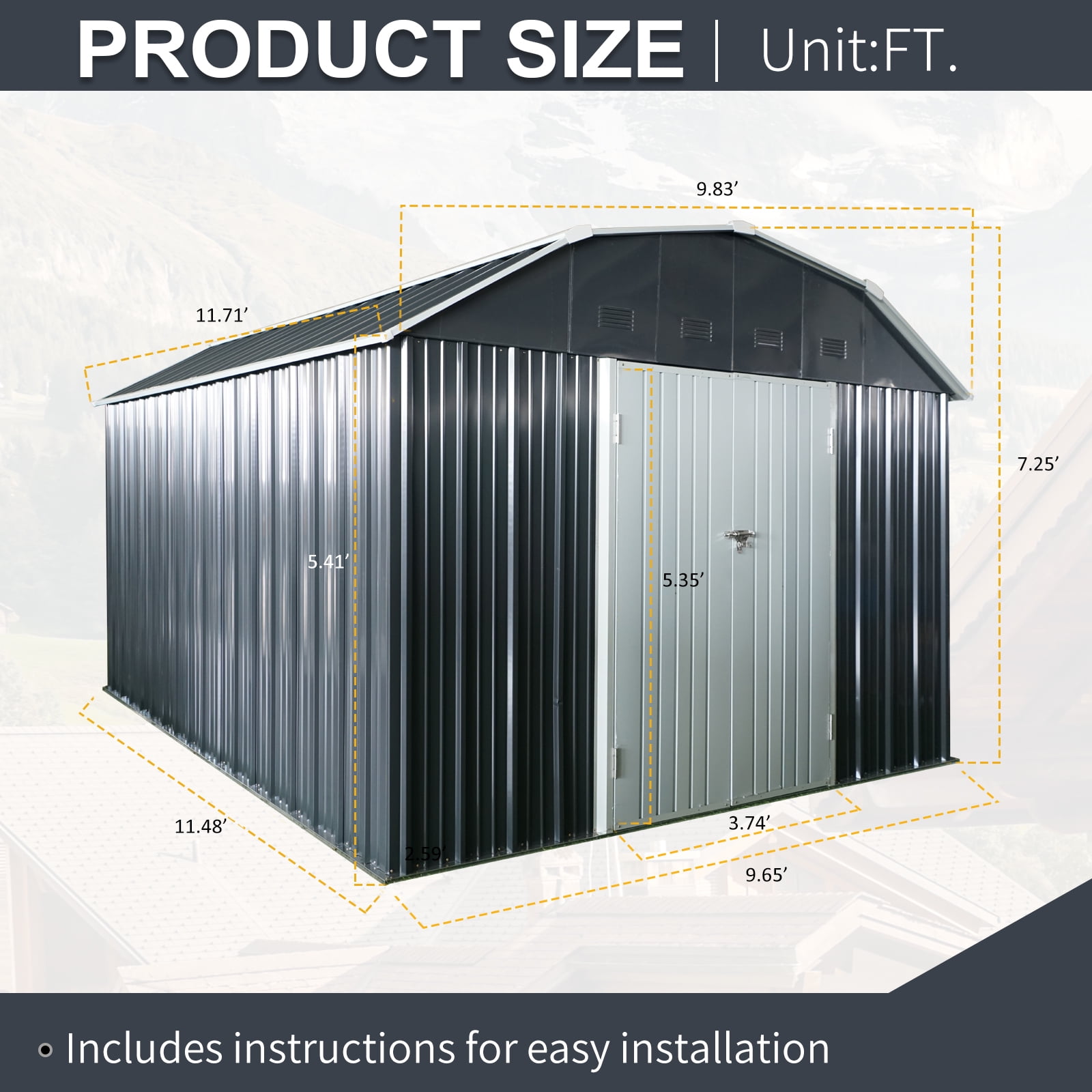10x12ft Metal Outdoor Storage Shed with Arch Roof Black