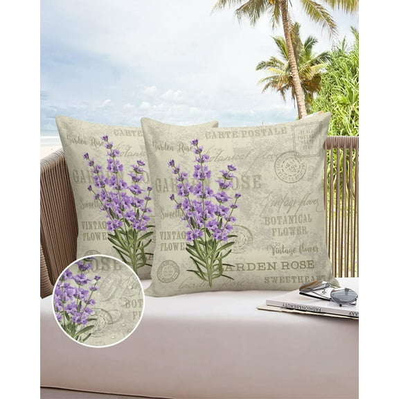 Outdoor Throw Pillow Cover Farm Green Leaf Purple Lavender Vintage Back Waterproof Cushion Covers 2 Pack Country Spring Floral Pillow Cases Home Decoration for Patio Garden Couch Sofa