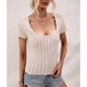 thumbnail image 5 of Camiseta de punto con cuello en U para mujer, informal, color puro, ajustada, manga corta, para uso diario, hogar, al aire libre, color albaricoque XL, 5 of 8