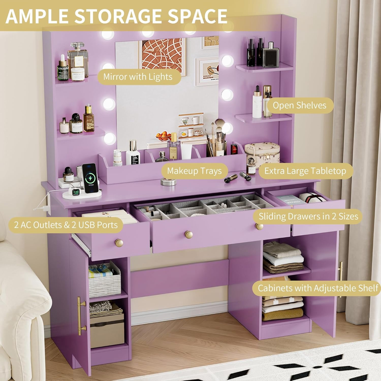 FANRAL 43'' Vanity Desk with 10 LED Lights,Under-Table RGB Strip & Built-in Power Station,Multi-Storage Makeup Table for Bedroom Bathroom Grooming,Purple Vanity