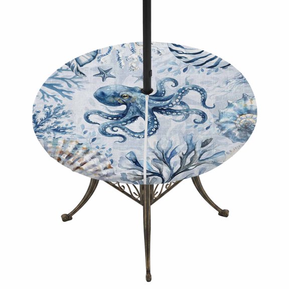 Round Outdoor Tablecloth with Umbrella Hole and Zipper, Blue Octopus Coastal Tablecloth with Elastic Waterproof, Summer Beach Coral Conch Shell Patio Table Covers for 31" - 35" Picnic Pool Tables