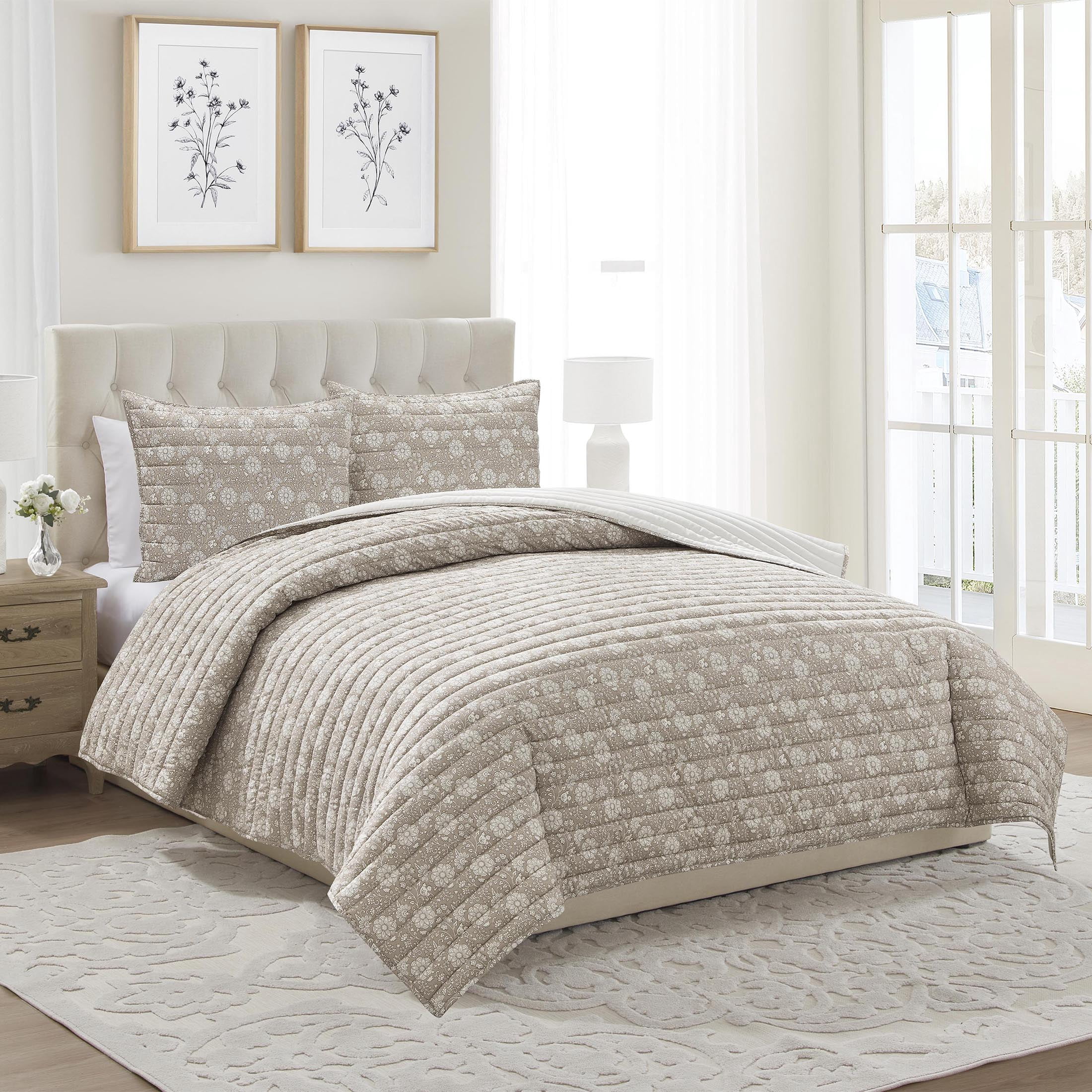 My Texas House Floral Pick Stitch 3-Piece Taupe Adult Quilt Set, King