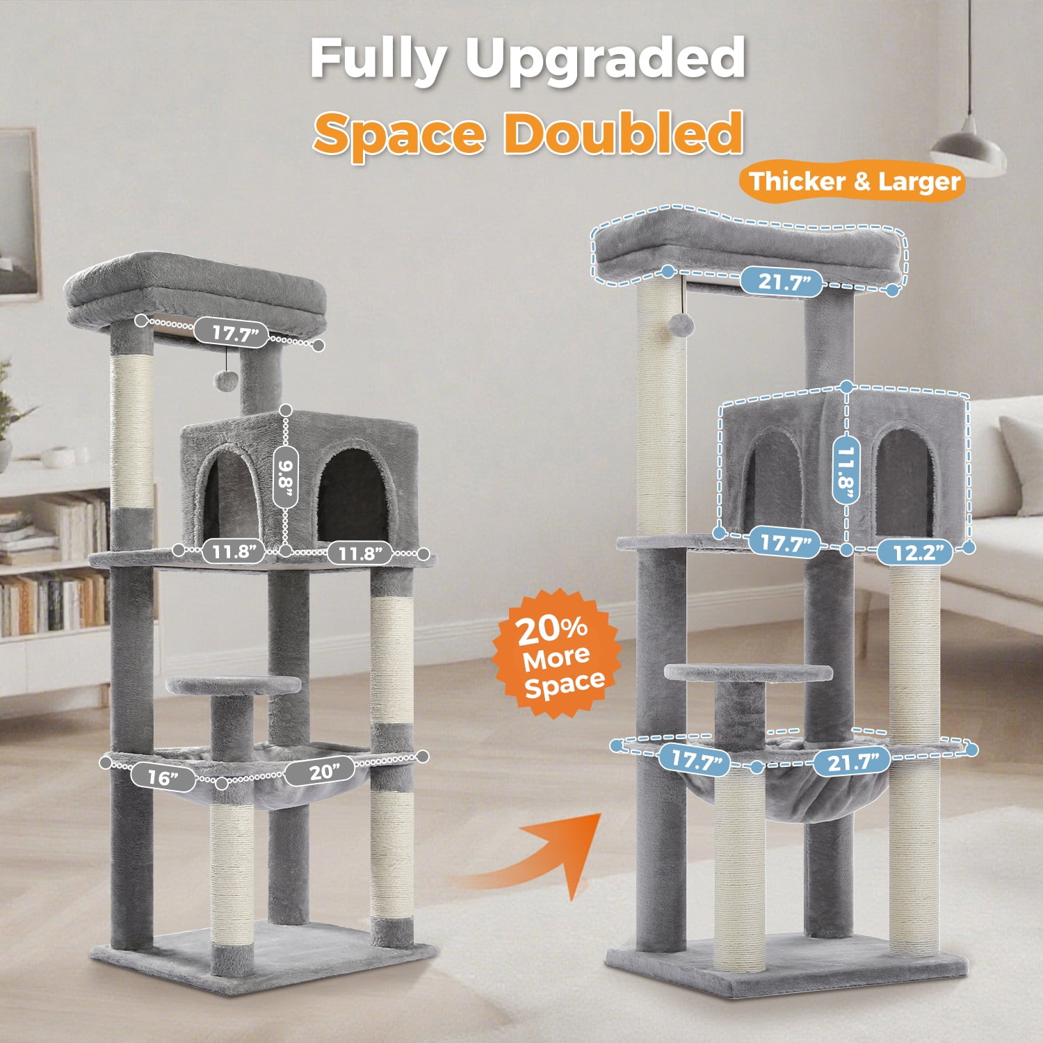 Pefilos 57" Cat Tree Tower for Indoor Cats, 5-Level Cat Condo with Large Hammock, Big Top Perch and 4 Sisal Covered Scratching Pos, Gray