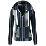 Haite Stripe Long Sleeve Hoodie for Women Lightweight Thin Zip Up Hooded Jacket Color Block Sweatshirt with Pockets