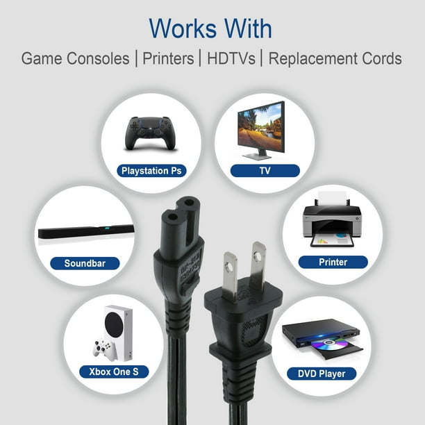 New 10ft Non-Polarized Replacement Power Cord, Works With Game Consoles, Cable Boxes, Printers
