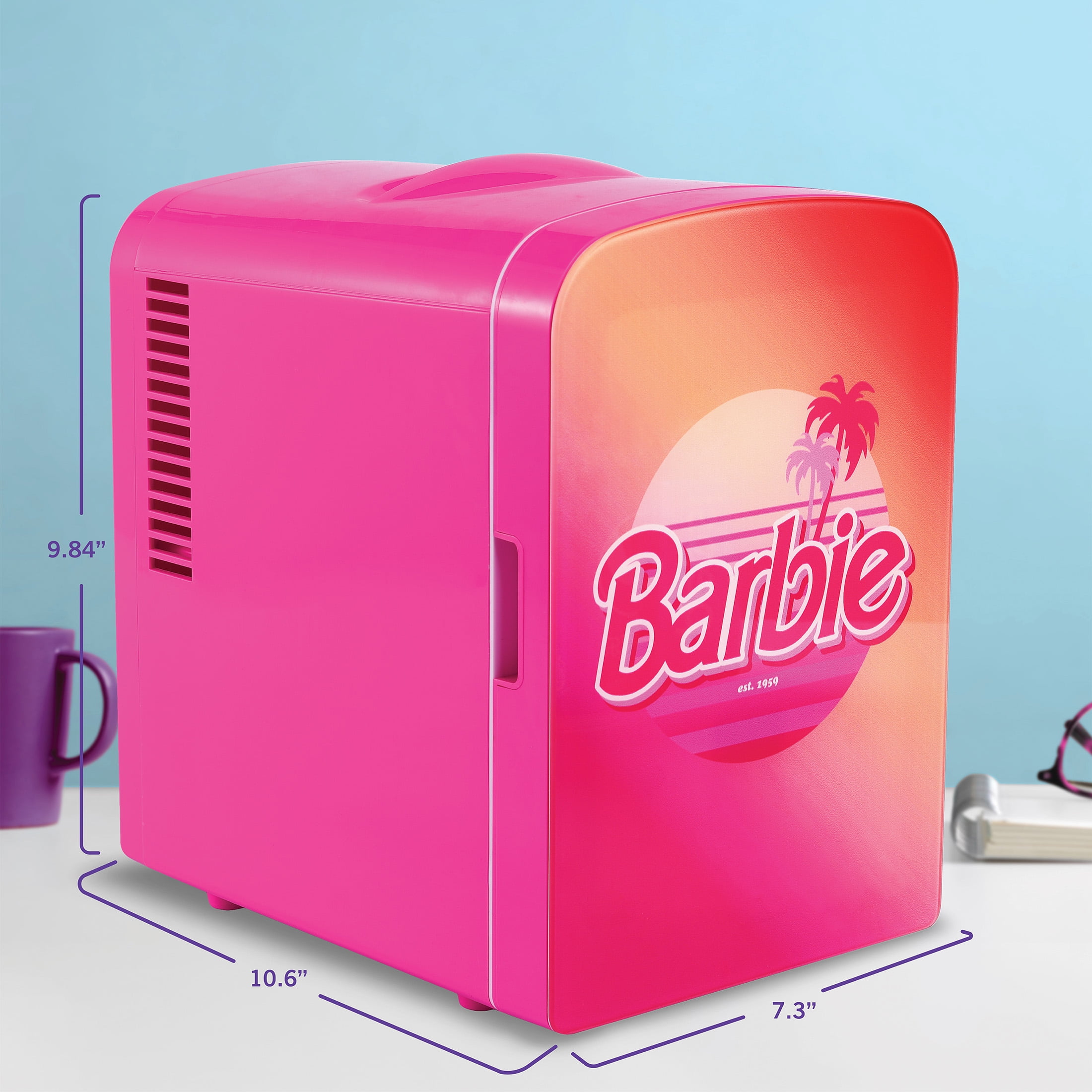 Barbie Hot Pink Malibu 4L Cooler Mini Fridge with Glass Door 6 Can
