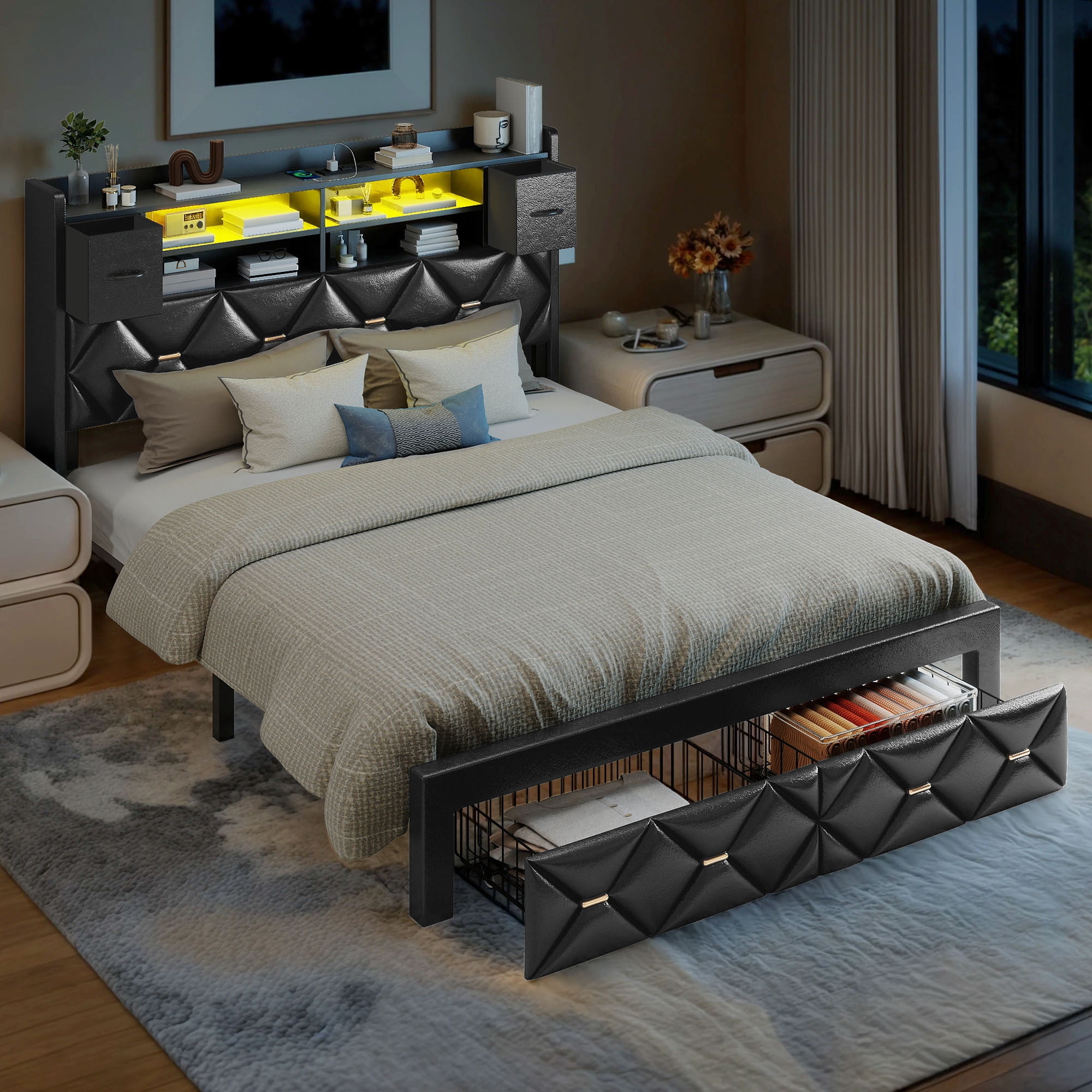 Uforic Queen Size Bed Frame with Storage & Power Outlets, PU Leather Bed Frame with LED Lights, Black