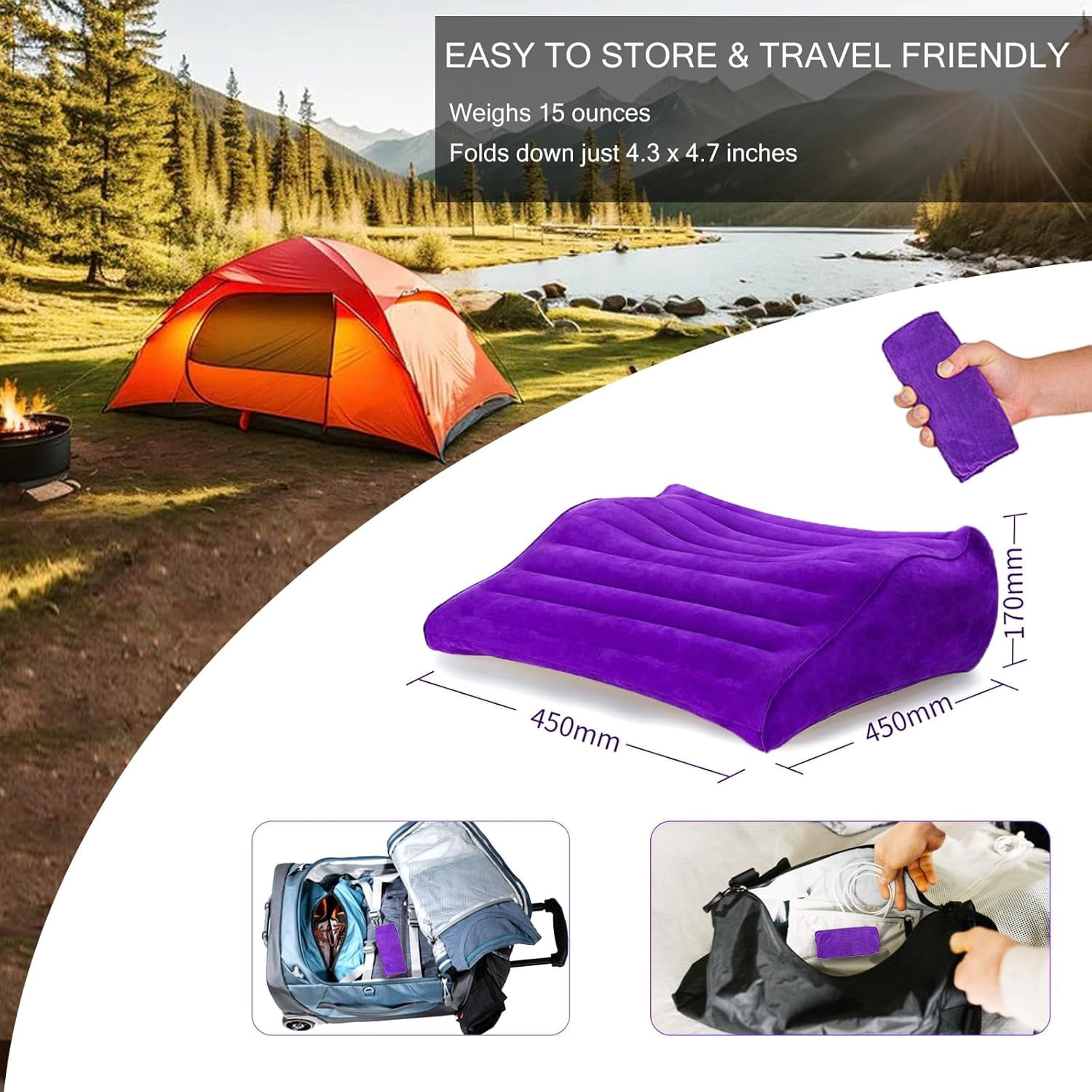Inflatable Wedge Pillow for Traveling, Lightweight Wedge Pillow for Acid Reflux Relief, Portable Pillow Wedges for Sleeping, Blow Up Travel Pillow for Camping, Back Lumbar Support, Purple