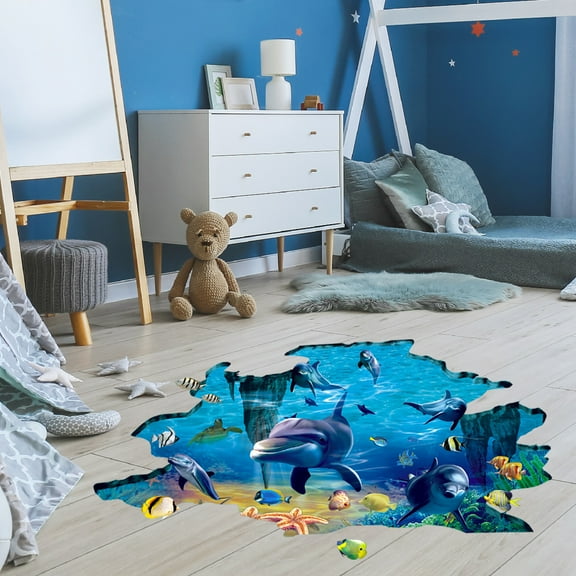 3D Wall Decals Floor Stickers Dolphin Peel and Stick for Home Floor Kids Bedroom Living Room Decor 23.6"x35.4"