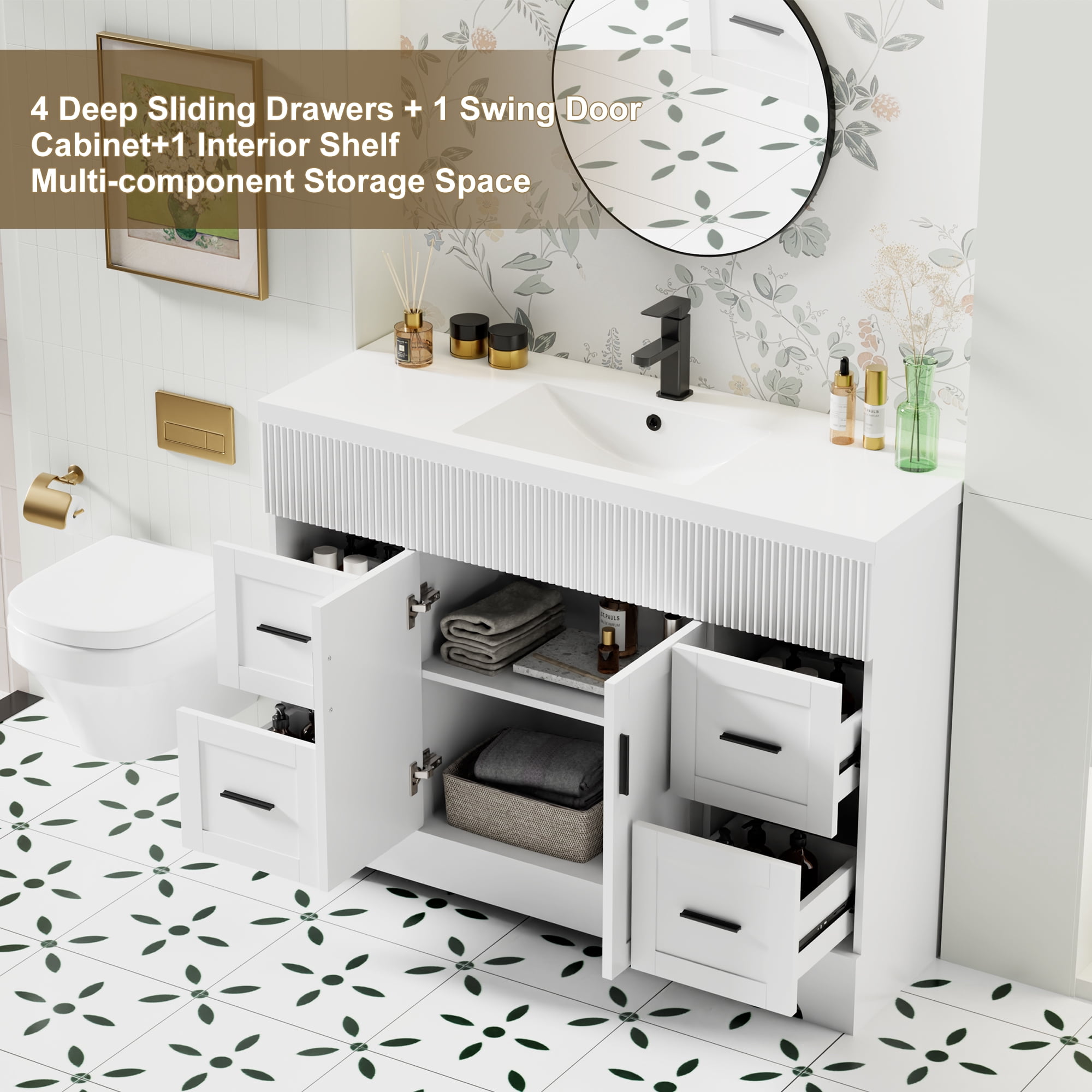 eclife Freestanding Single Sink Bathroom Vanity with Resin Top, Faucet, and Drain, 48 Inch