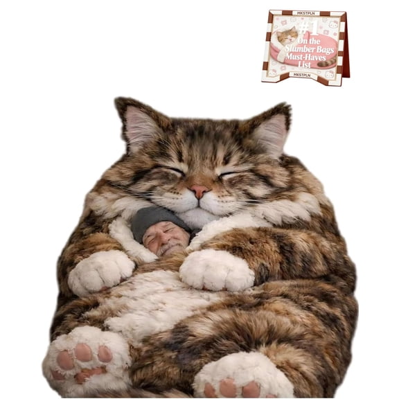 New Giant Fluffy Plush Cat Sleeping Bag for Human Adults, Funny Cozy Soft Warm Blanket Animal Shaped Envelope Camping Travel