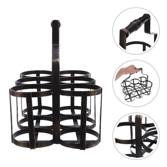 HONMEET Vintage Light Brown Wrought Iron Wine Basket with Handle 6 Bottle Farmhouse Wine Carrier