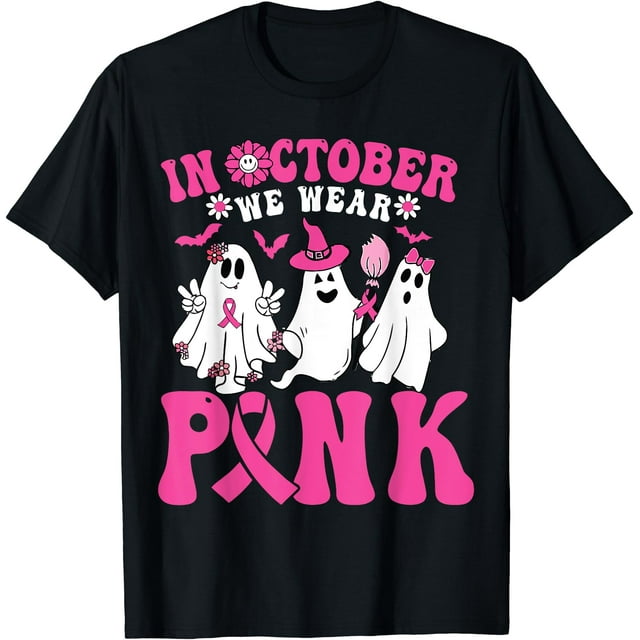 T-Shirt Groovy Halloween Guerrier du Cancer du Sein Rose - Blanc - 3TG