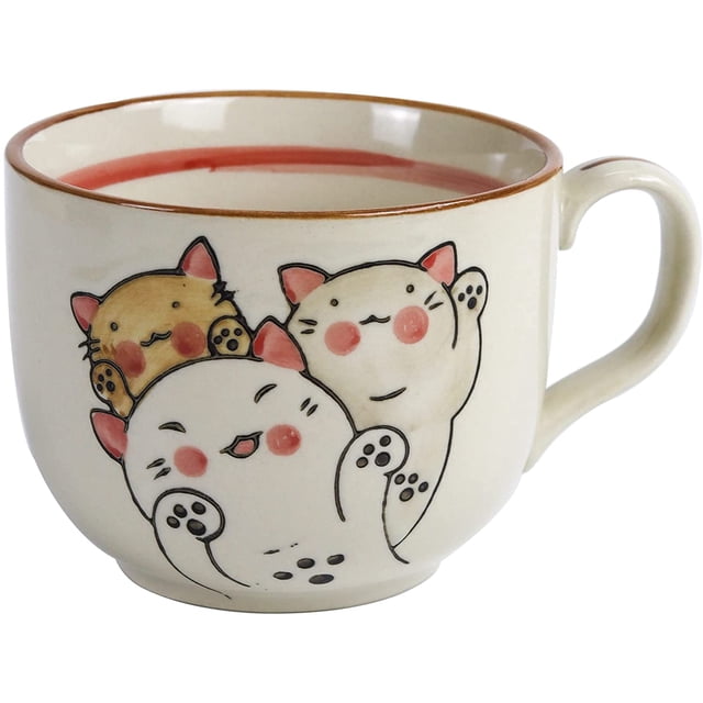 Linda taza de café de cerámica de 16 oz con asa Taza Kawaii Tazas de leche con leche de cerámica para la oficina y el hogar Patrón pintado a mano Regalos de cumpleaños únicos (gato afortunado)