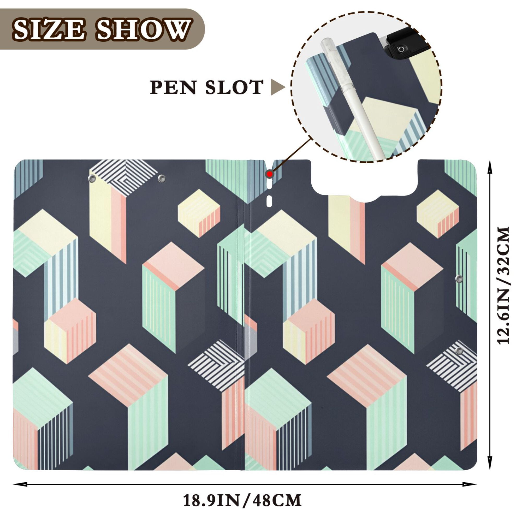 FORMRS A4 Clipboard Folder with Pen Holder Horizontal Foldable School Office Binder, Black Cubes