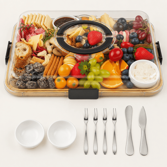 Portable Bamboo Charcuterie Board with Lid, 6 Compartments, Includes Knife Set, Plates, Forks & Handle
