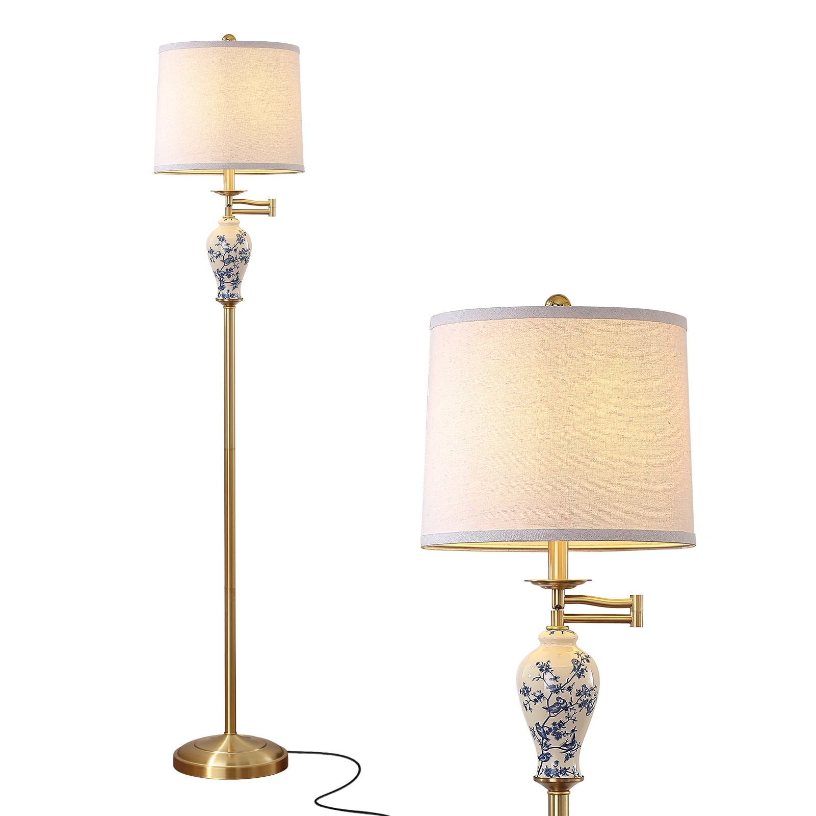 JUJUYUYOP 63" Floor lamp for the living room, with a 355° adjustable swivel arm and a linen shade; suitable for bedrooms, offices, and home offices (bulb included)