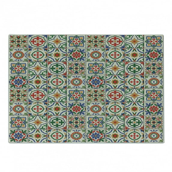 Moroccan Cutting Board, Colorful Azulejo Pattern Portuguese Ornamental Abstract Floral Arrangements Leaves, Decorative Tempered Glass Cutting and Serving Board, Small Size, Multicolor, by Ambesonne