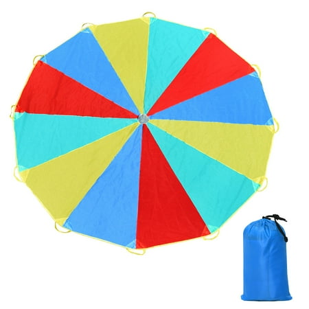 - GHP 12Ft Red/Yellow/Blue/Green 190T Polyester Fabric 12-Handle Foldable Parachute w Bag