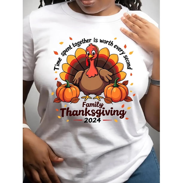 Camiseta informal para mujer con estampado de pavo de dibujos animados, cuello redondo, largo regular, con gráfico familiar de Acción de Gracias. Para adultos, hombres, mujeres, adolescentes, jóvenes
