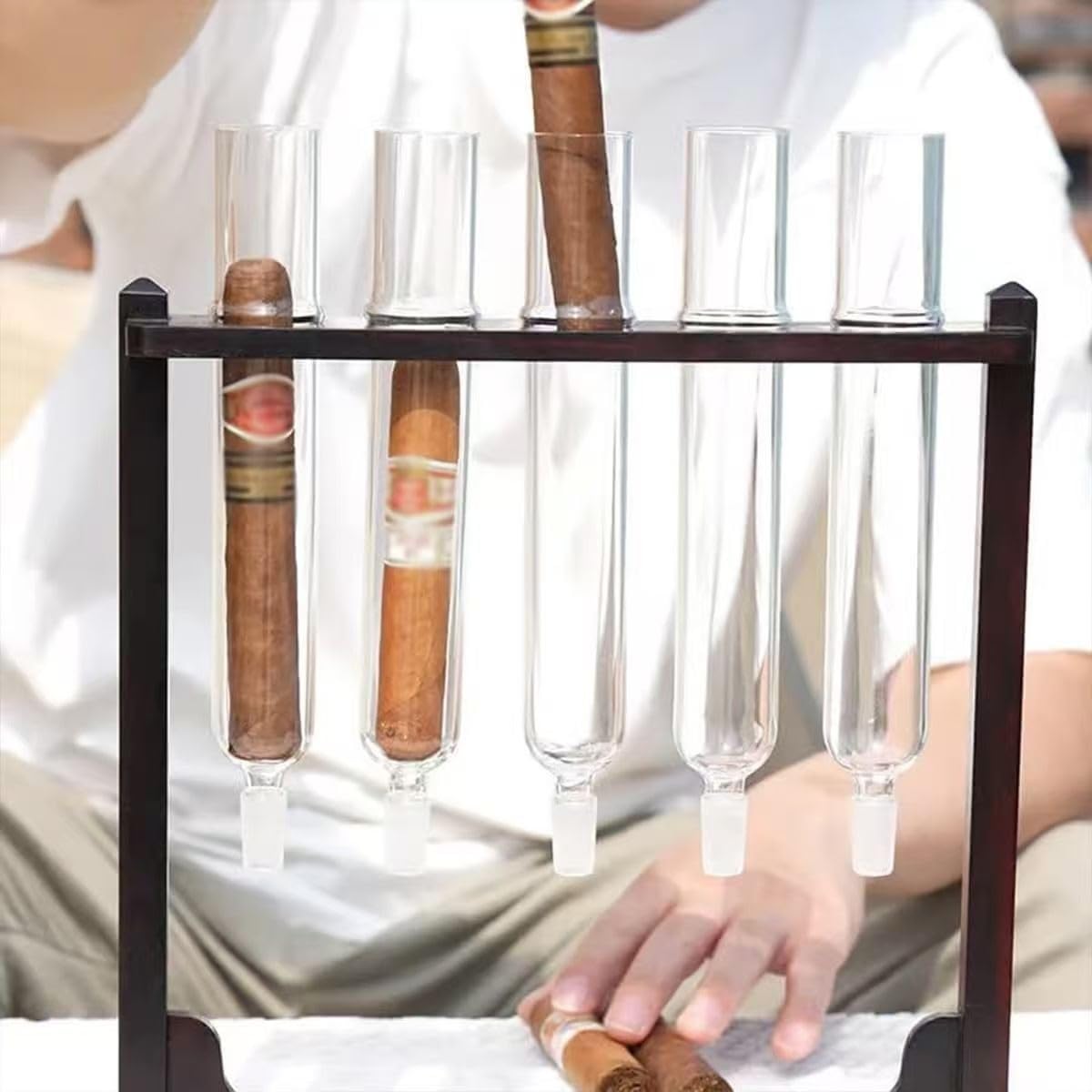 Cigar Flavor Injector Humidifier - Glass Tube Kit with Wooden Base - DIY Aromatherapy Infuser with Hygrometer and Airtight Caps for Cigar Enthusiasts