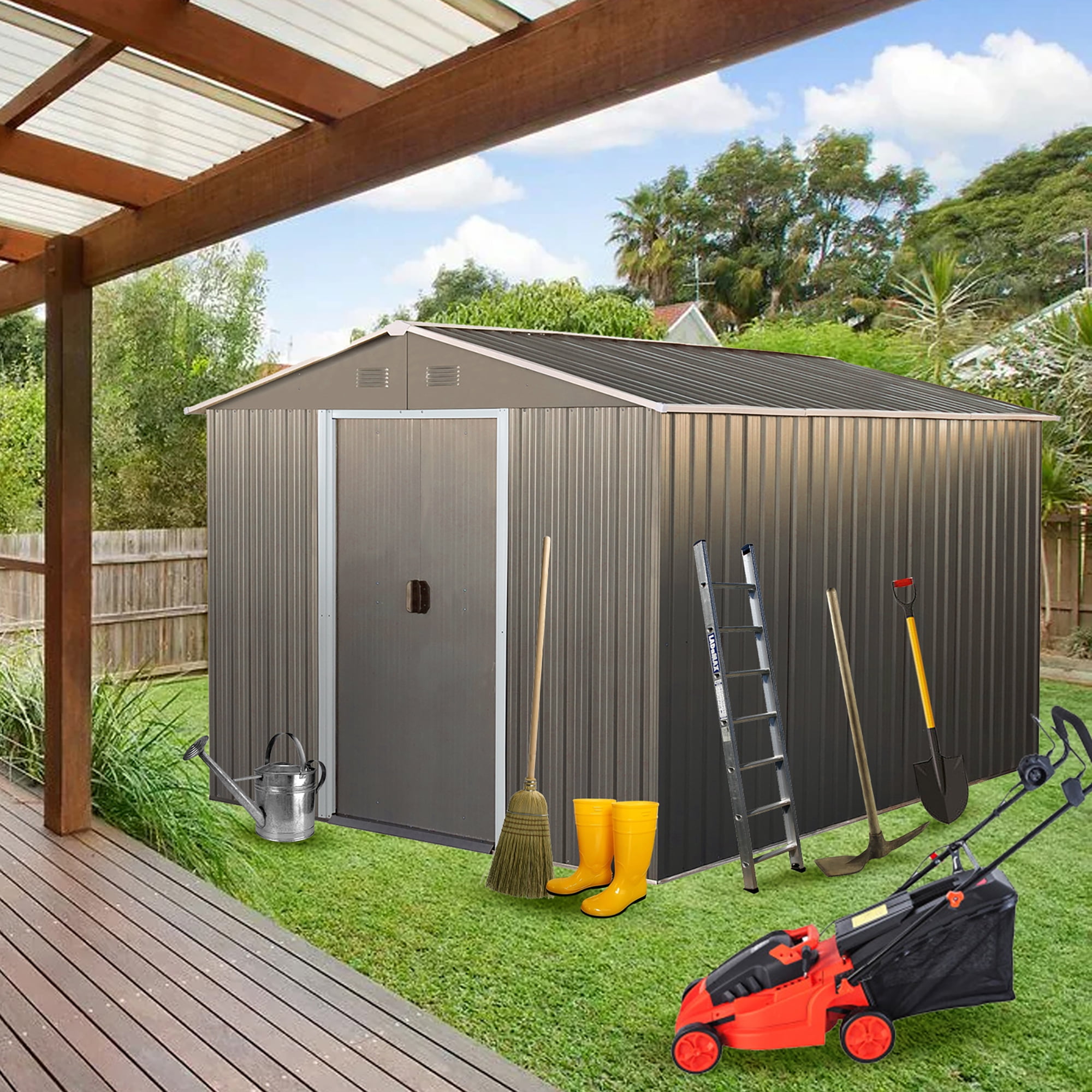 Aimee Lii 88" x 114" Outdoor Metal Storage Shed, Utility Tool Shed Storage House, Metal Sheds for Backyard Garden Patio Lawn, Gray Aimee Lii 88" x 114" Outdoor Metal Storage Shed, Utility Tool Shed Storage House, Metal Sheds for Backyard Garden Patio Lawn, Gray