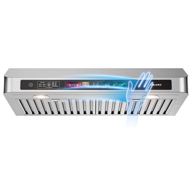 Campana extractora bajo gabinete de 76 cm con control por voz/gestos/táctil, 25.5 m³/min, ventilador de 4 velocidades, acero inoxidable con luces LED y filtros deflectores
