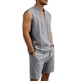 thumbnail image 6 of QSAWXQZ Men's Linen 2PC Lounge Set Stand Collar V Neck Sleeveless Loose Top Elastic Waist Shorts with Pocket Beach Outfit Casual for Summer M, 6 of 9
