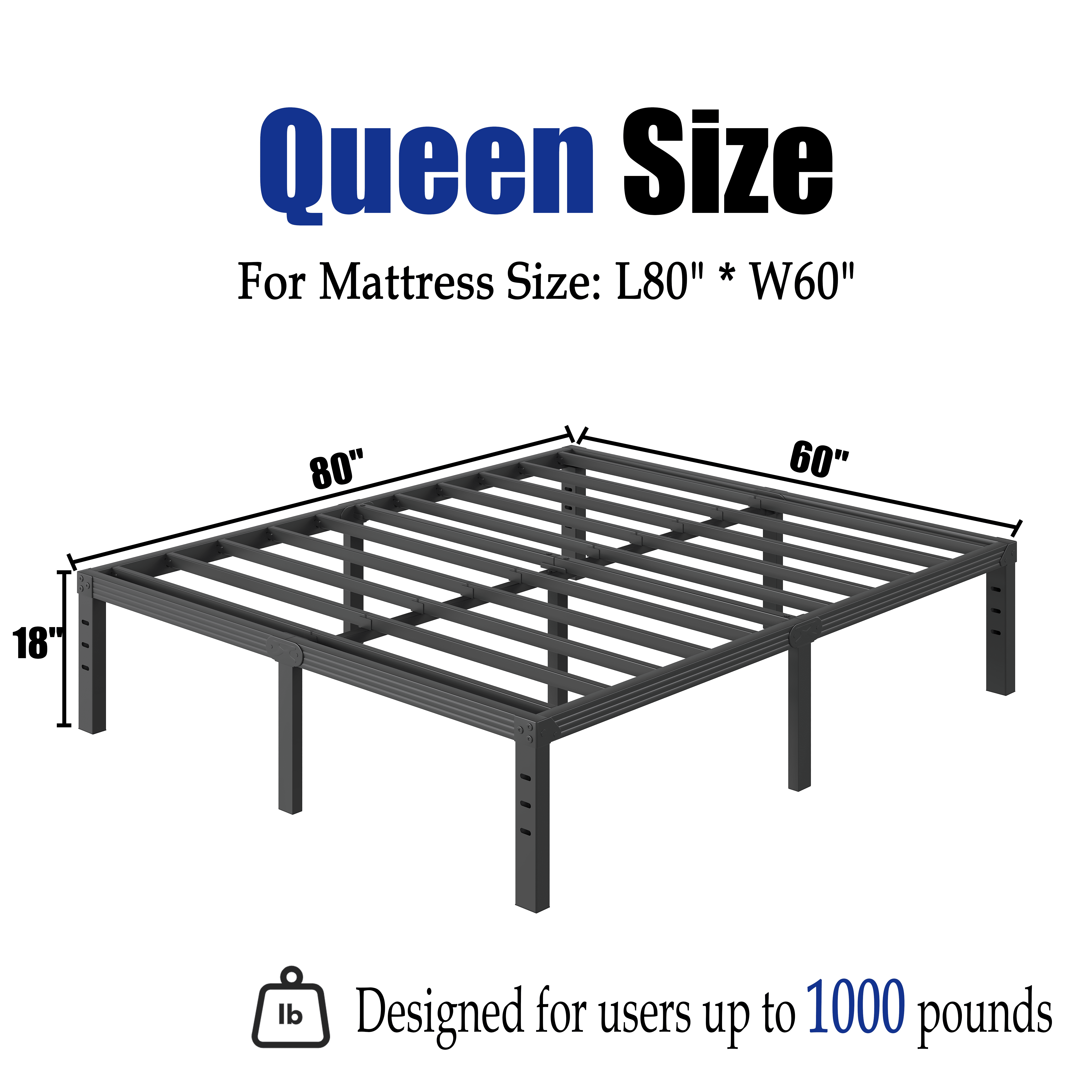 COMASACH 18 inch Queen Bed Frame, Easy Assembly, Heavy Duty Metal Platform, Noise Free, Black