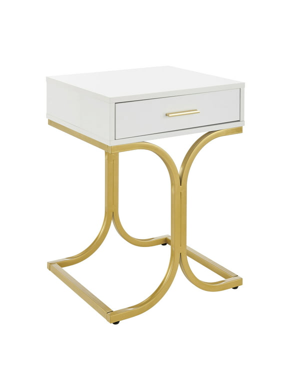 Danya B. Mid-Century Modern Retro White Lacquer and Gold Brass Accent Metal Bedside Nightstand with Single Drawer and Bold Curved Stand