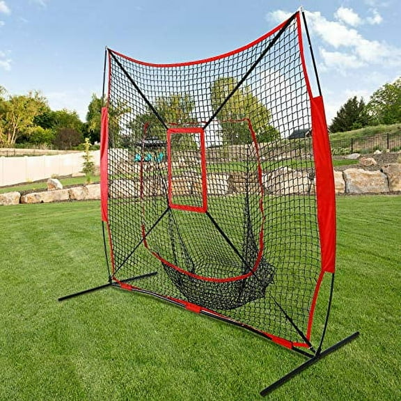 7’ x 7’ Baseball Softball Hitting & Pitching Practice Net Portable Batting Catching Throwing Training Net with Strike Zone, Metal Bow Frame and Carry Bag, for All Skill Levels