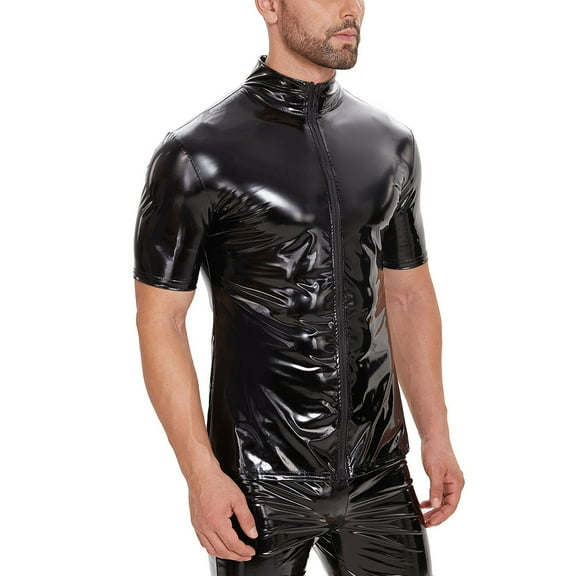 Men Shiny PVC Leather Shirt, Short Sleeve, Full Zipper, Male Glossy Leather Casual Tops