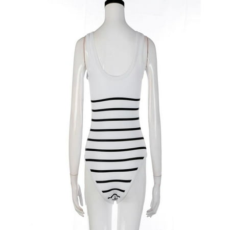 OkrayDirect Women's Black And White Stripes With Zipper Sexy Siamese Bikini Bathing Suit XL