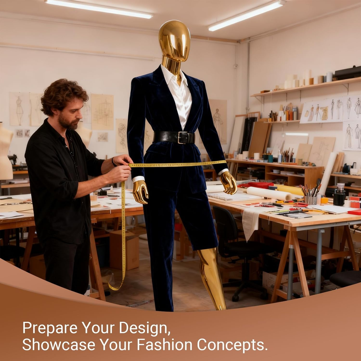 Kinbor Gold Full Body Female Mannequin - Elegant Tall Female Mannequin with Stable Metal Base, Manne quin Dress Form Display with Adjustable Head and Arms, Detachable Manikins